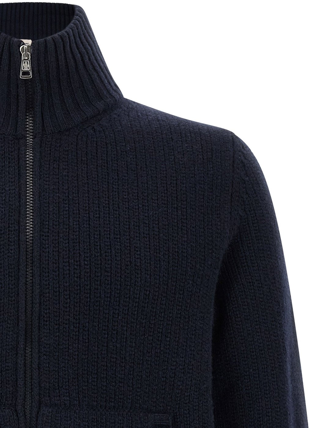 Ribbed Zip-Up Embroidered Logo Cardigan