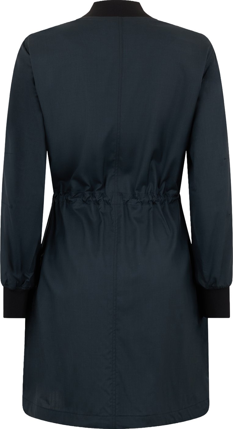 Light dark blue coat with zip, minimal and versatile.