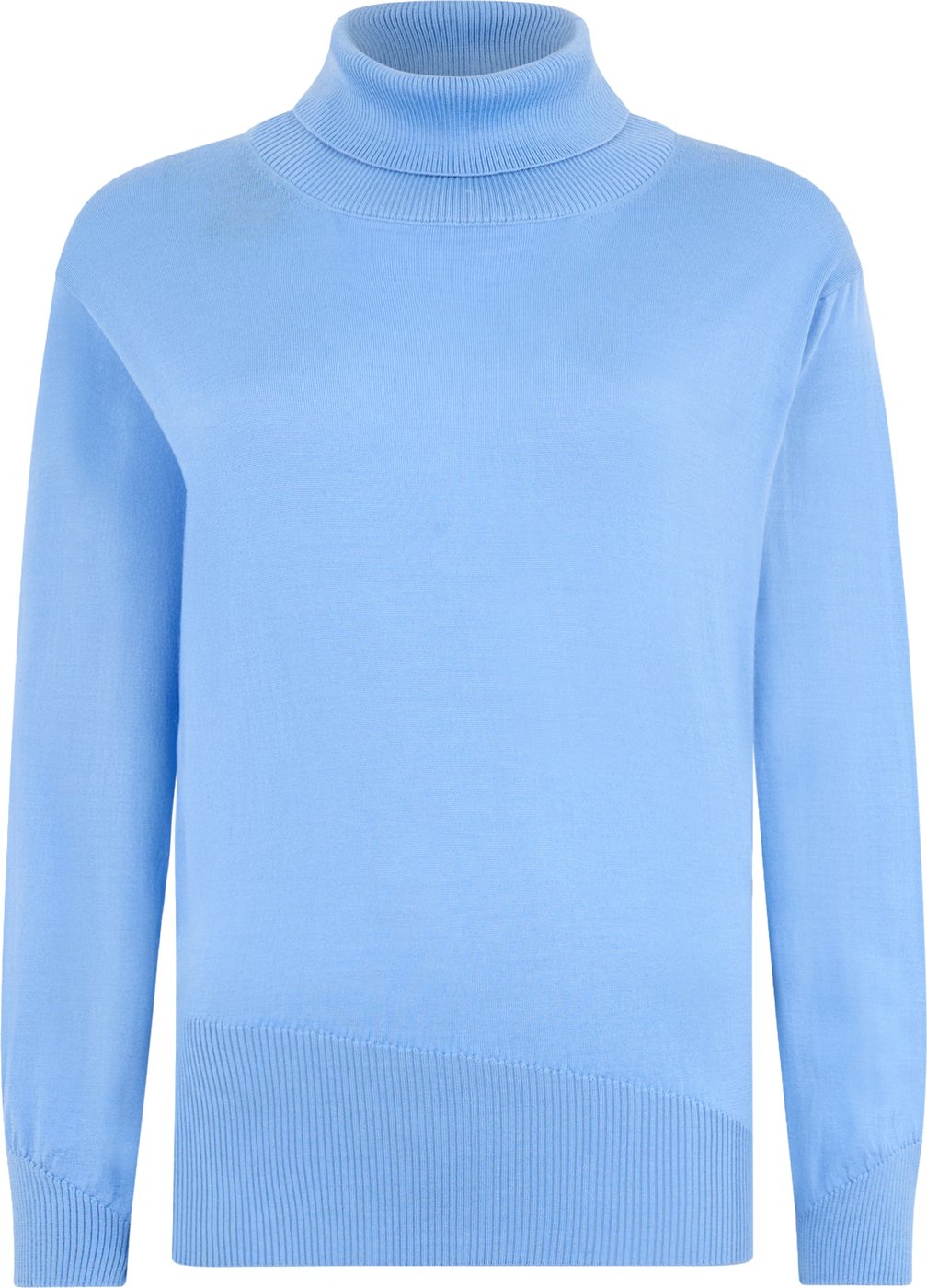 Blue sweater with high collar and long sleeves.