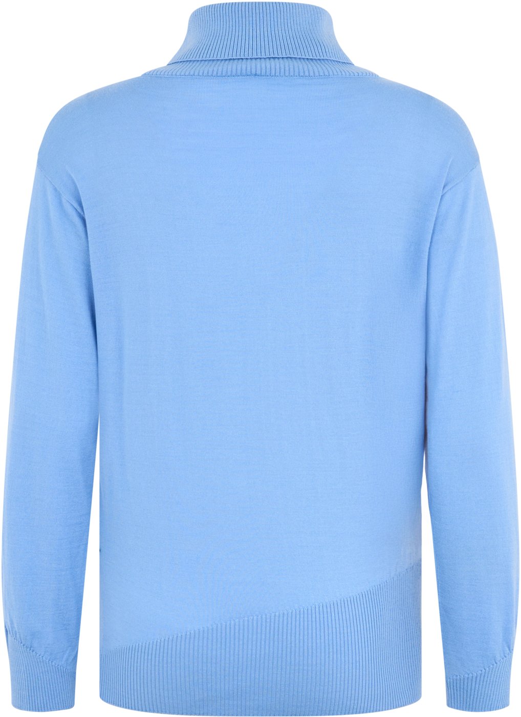 Blue sweater with high collar and long sleeves.