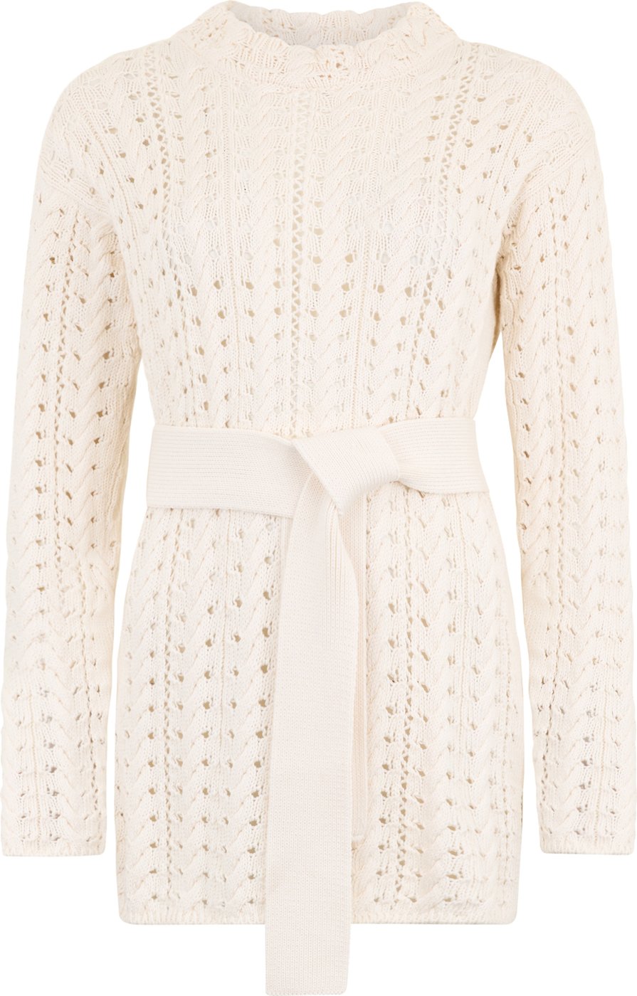 Dress in knitted fabric in white cream color with a belt that highlights the waist.