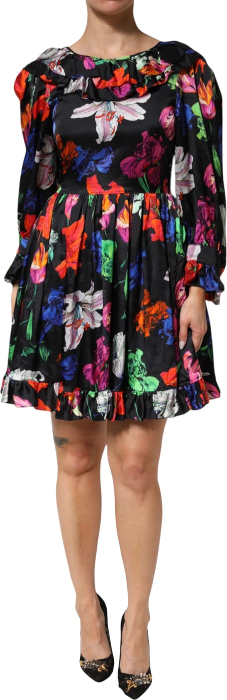 MSGM Dress Black Multicolor Floral Ruffle Long Sleeve Mini Dress