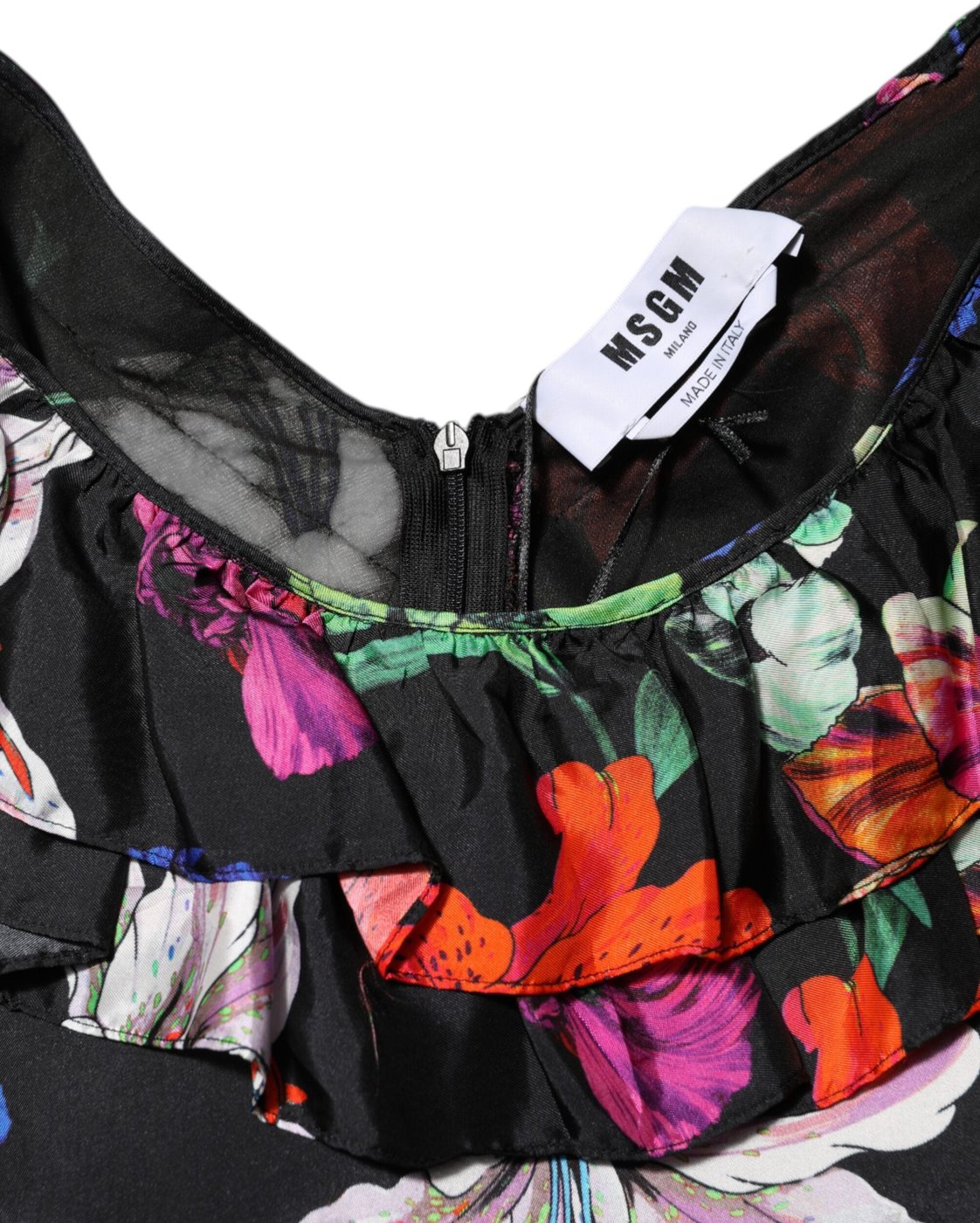 MSGM Dress Black Multicolor Floral Ruffle Long Sleeve Mini Dress