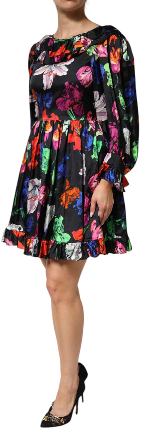 MSGM Dress Black Multicolor Floral Ruffle Long Sleeve Mini Dress