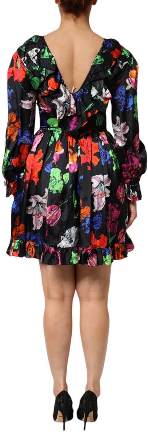 MSGM Dress Black Multicolor Floral Ruffle Long Sleeve Mini Dress