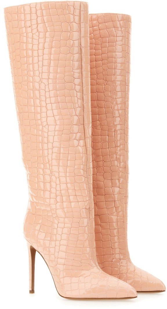 Knee-High Leather Boots With Glossy Crocodile Finish