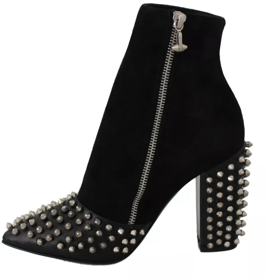 Philipp Plein Black Suede Studded Heels Ankle Boots Shoes