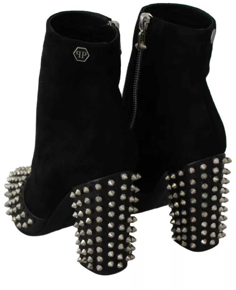 Philipp Plein Black Suede Studded Heels Ankle Boots Shoes