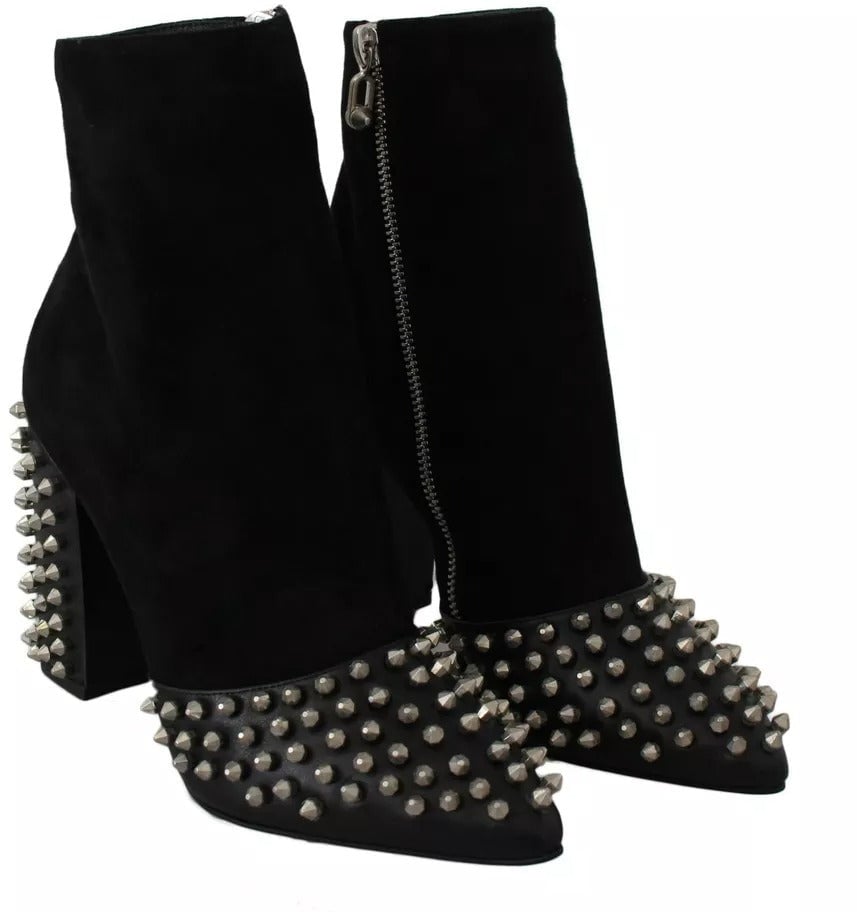 Philipp Plein Black Suede Studded Heels Ankle Boots Shoes