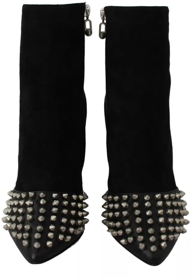 Philipp Plein Black Suede Studded Heels Ankle Boots Shoes