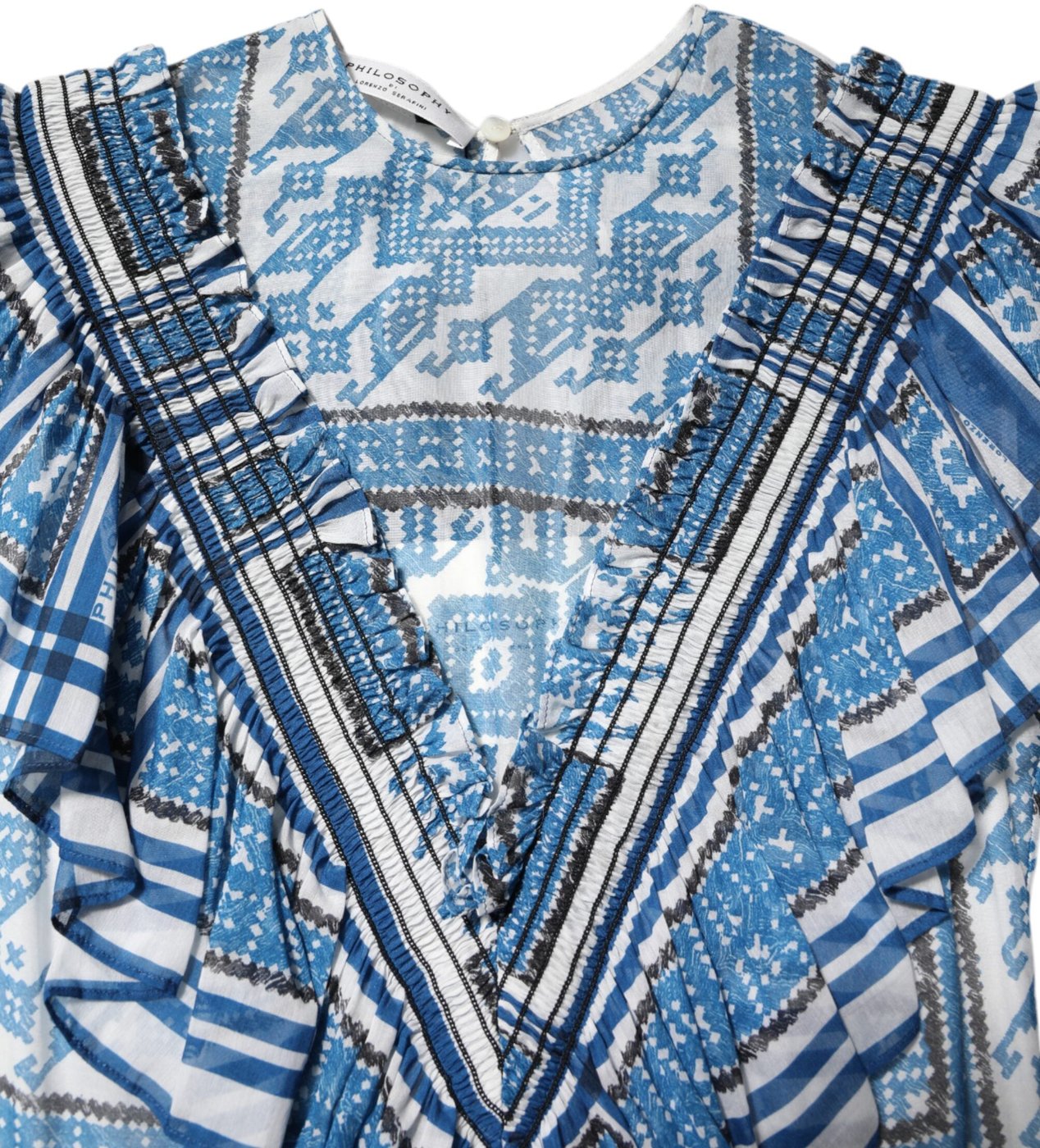 Philosophy di Lorenzo Serafini Blue Patterned Layered Short Sleeves Mini Dress