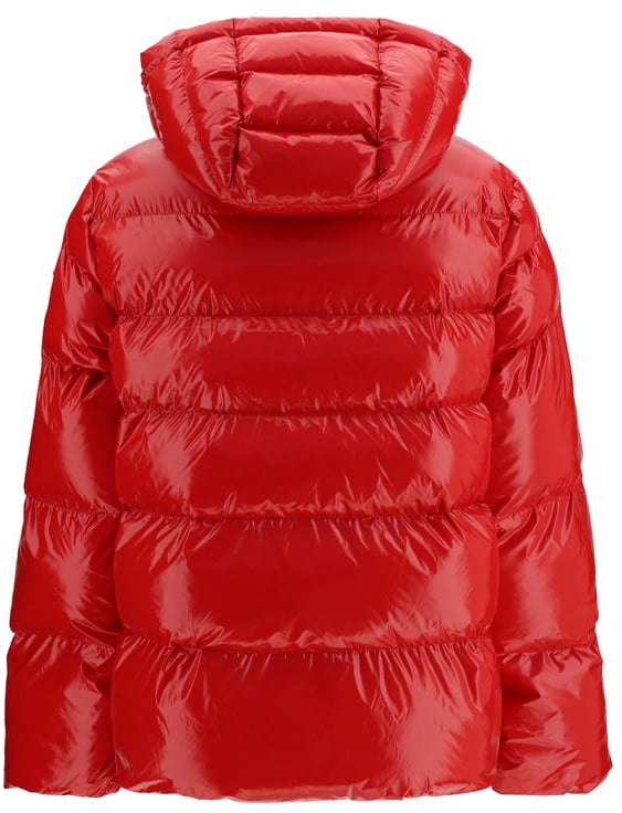 Red Hooded Quilted Nylon Down Jacket