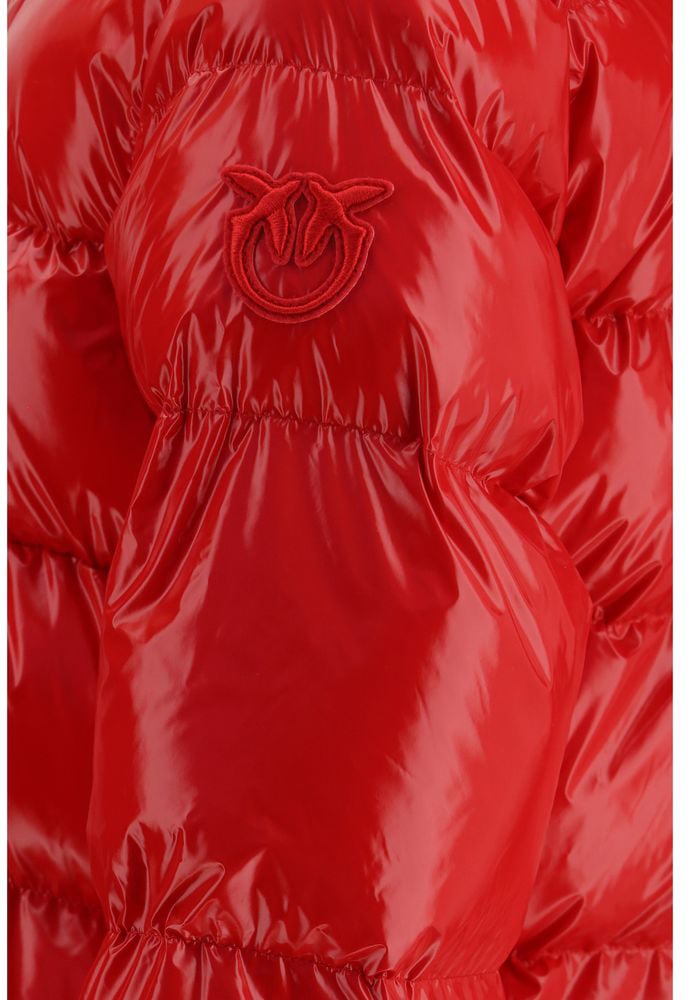 Red Hooded Quilted Nylon Down Jacket