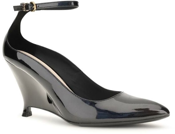 Black Pointed-Toe Patent Leather Wedge Pumps