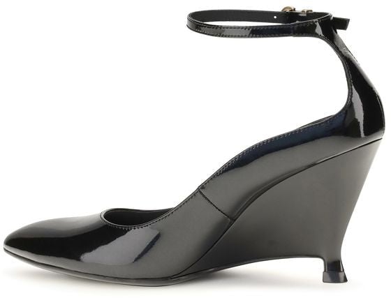 Black Pointed-Toe Patent Leather Wedge Pumps