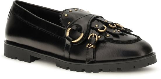 PINKO Black Calf Leather Bos Taurus Slip-On Loafers