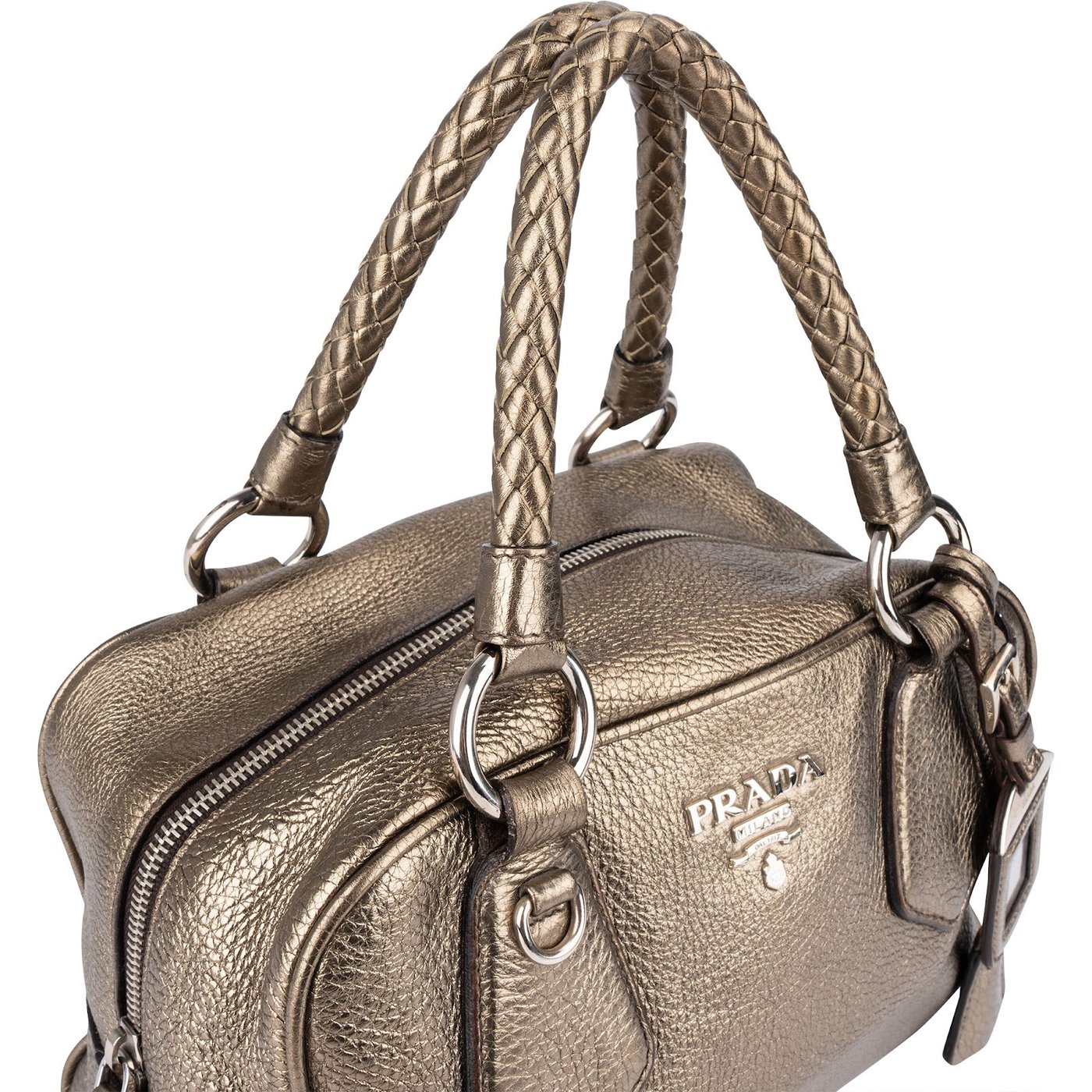 Prada Metallic Pebbled Leather Bauletto Handbag