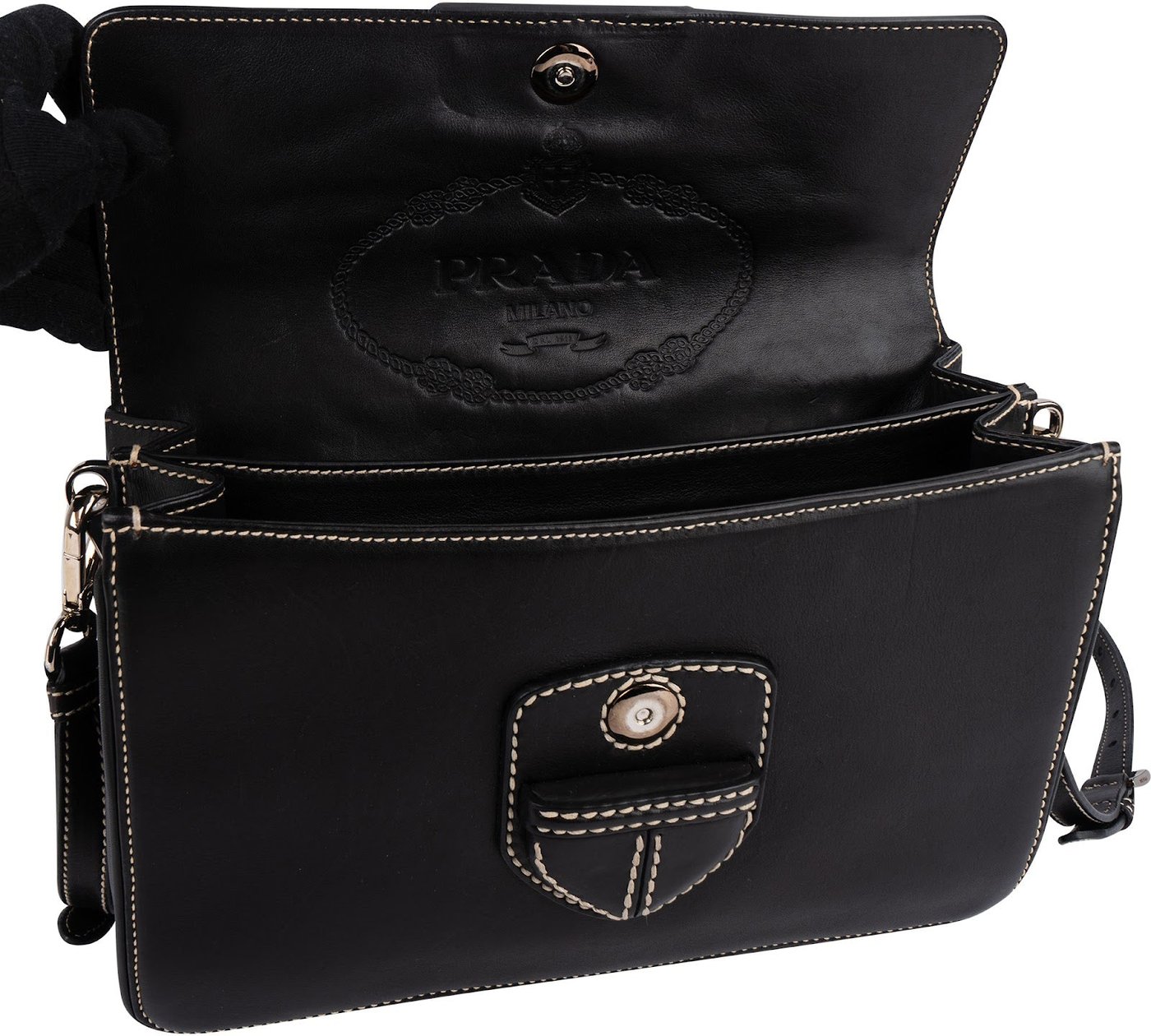 Prada Leather Contrast Stitch Flap Crossbody Bag