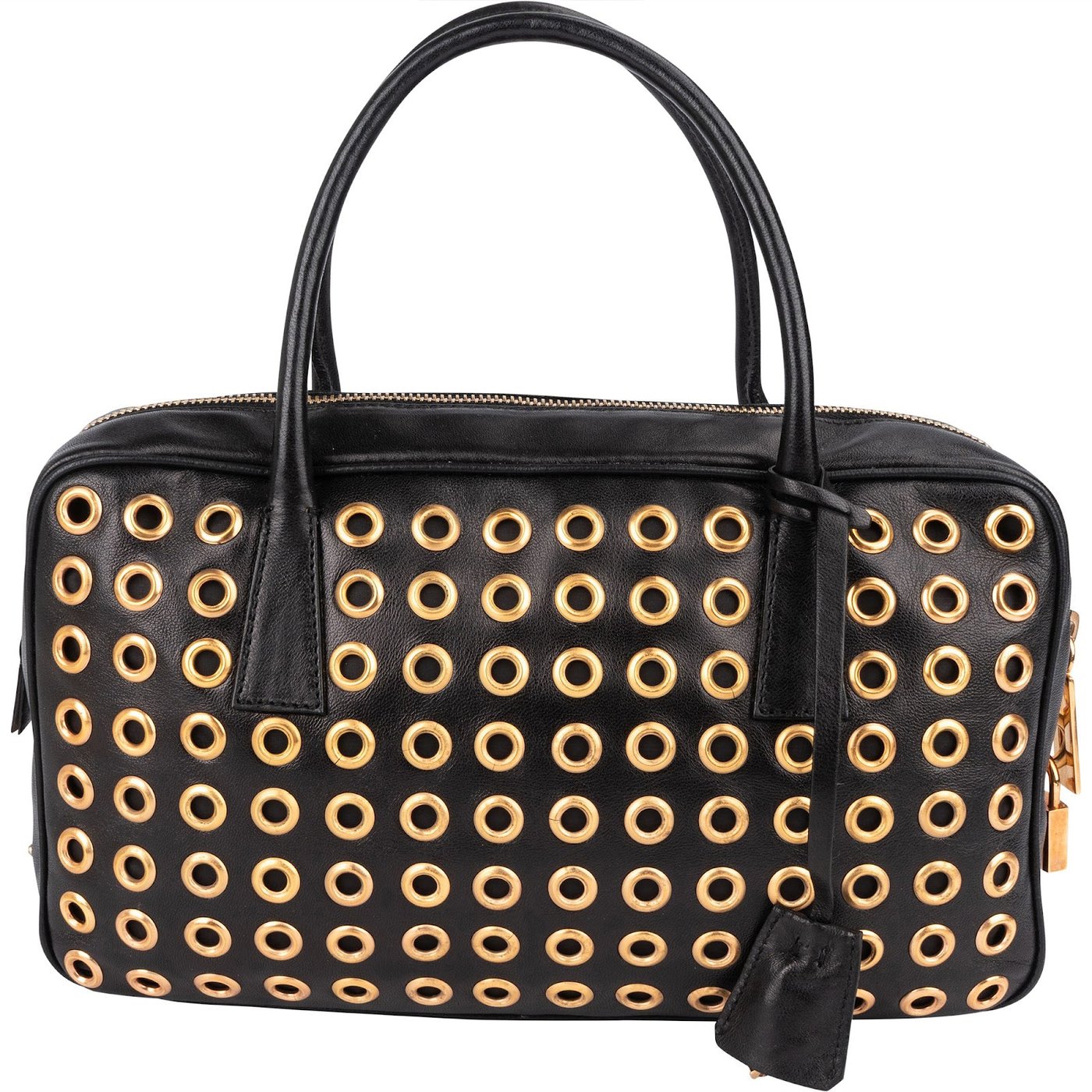 Prada Black Calf Leather Metal Grommet Bauletto Handbag