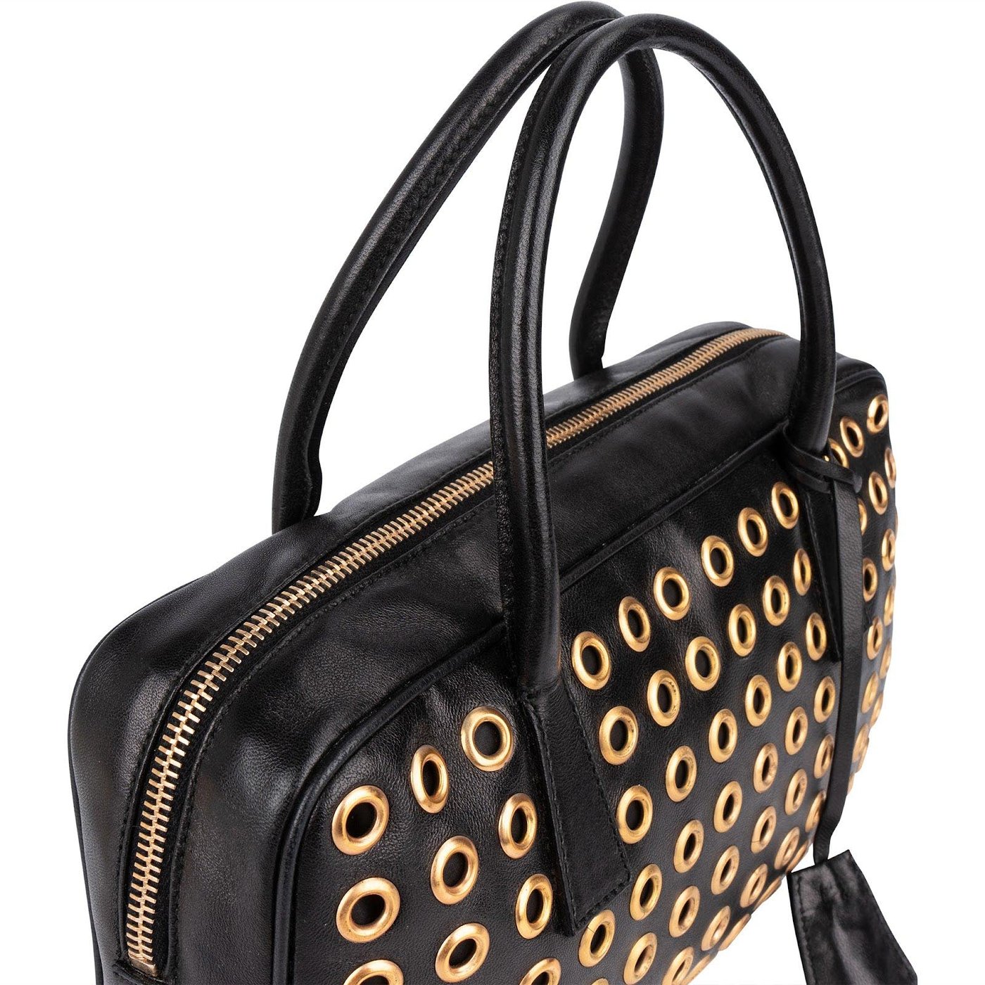 Prada Black Calf Leather Metal Grommet Bauletto Handbag