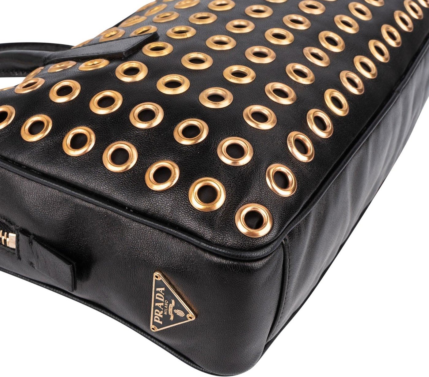 Prada Black Calf Leather Metal Grommet Bauletto Handbag