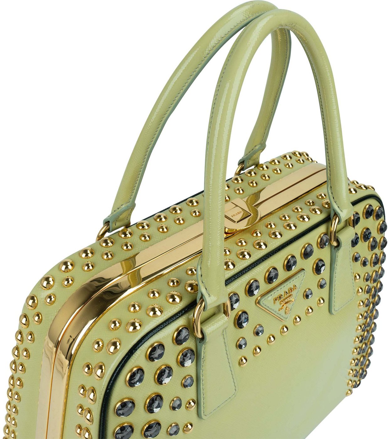 Prada Saffiano Vernic Leather Pyramid Frame Crystal Studded Promenade Handbag