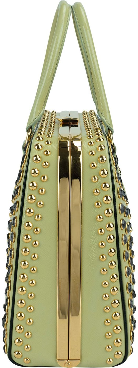 Prada Saffiano Vernic Leather Pyramid Frame Crystal Studded Promenade Handbag