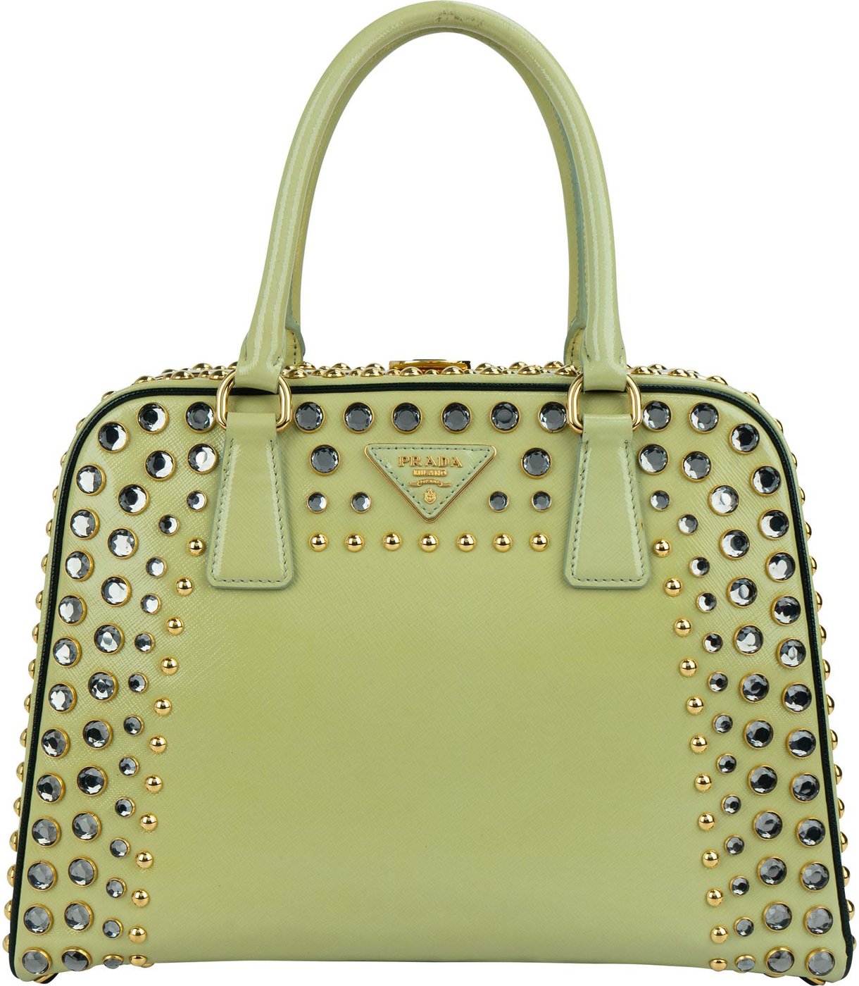 Prada Saffiano Vernic Leather Pyramid Frame Crystal Studded Promenade Handbag