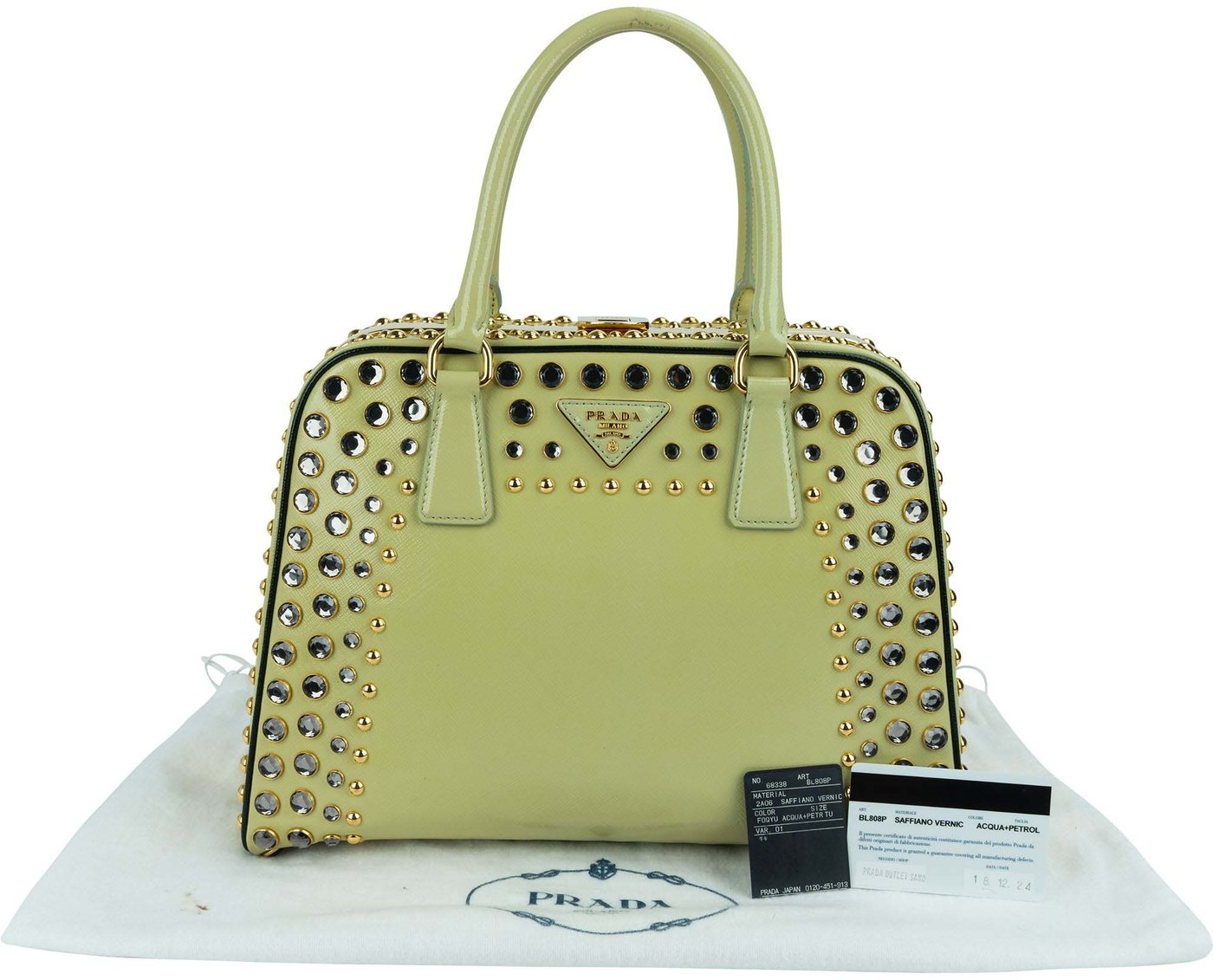 Prada Saffiano Vernic Leather Pyramid Frame Crystal Studded Promenade Handbag