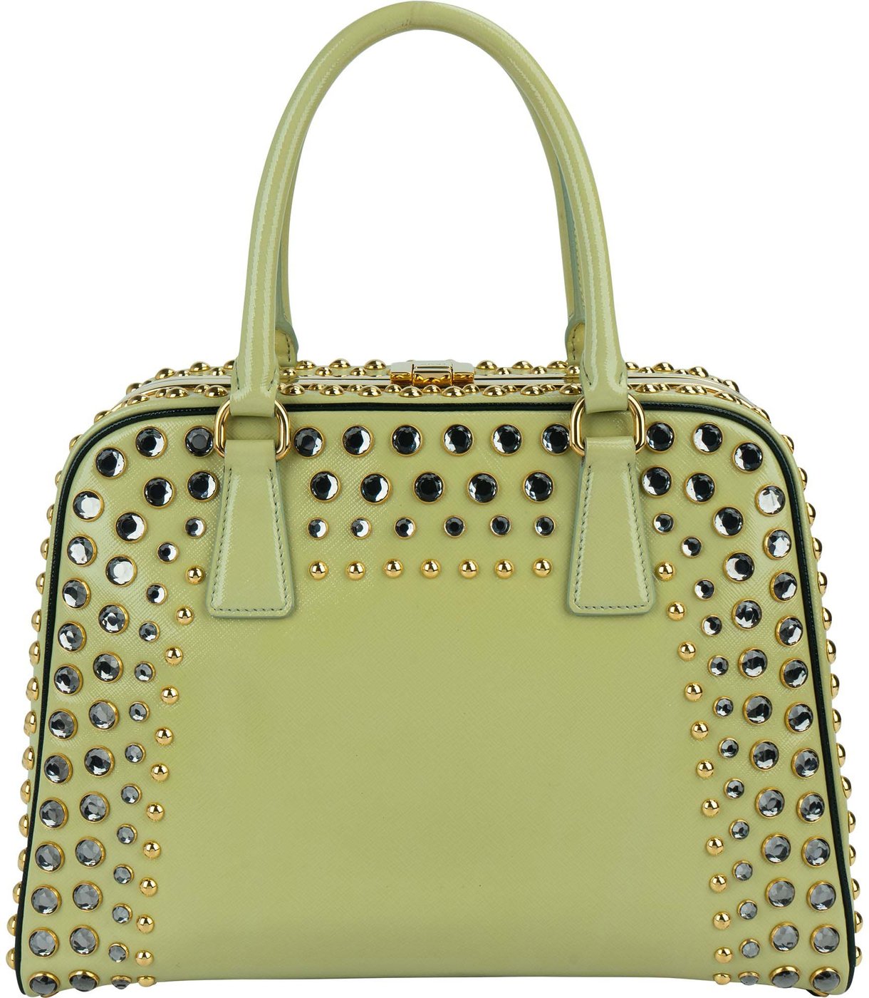 Prada Saffiano Vernic Leather Pyramid Frame Crystal Studded Promenade Handbag
