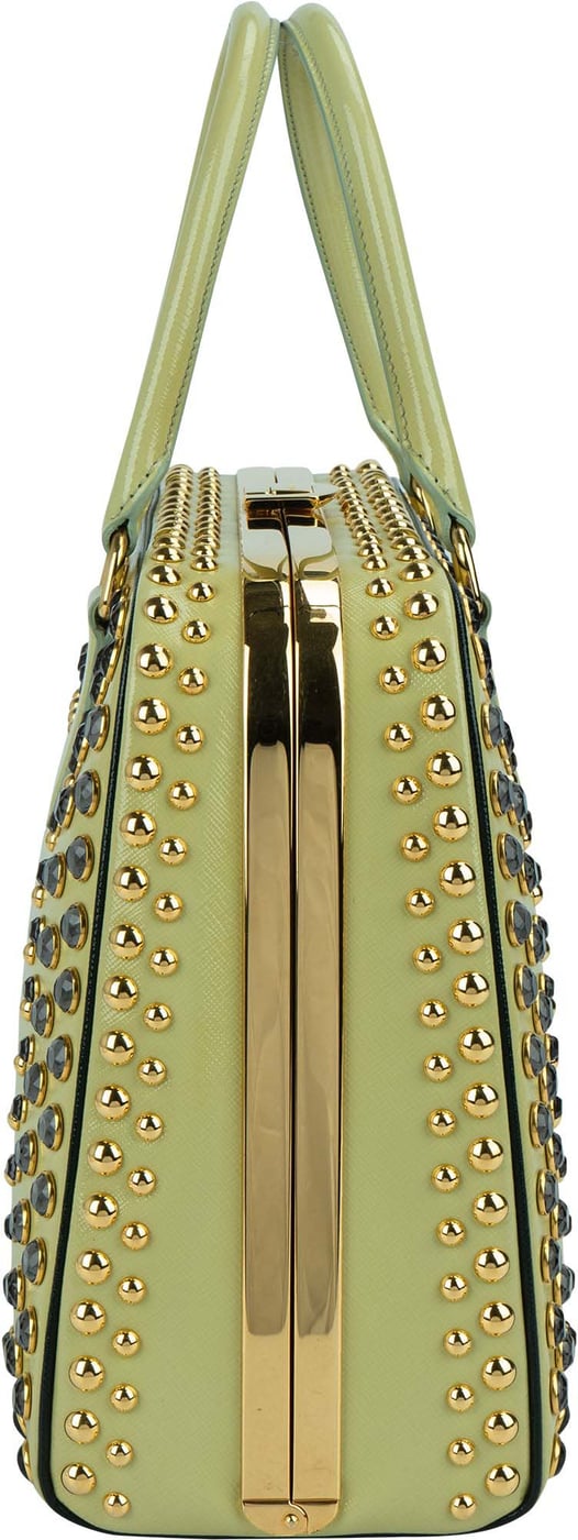 Prada Saffiano Vernic Leather Pyramid Frame Crystal Studded Promenade Handbag