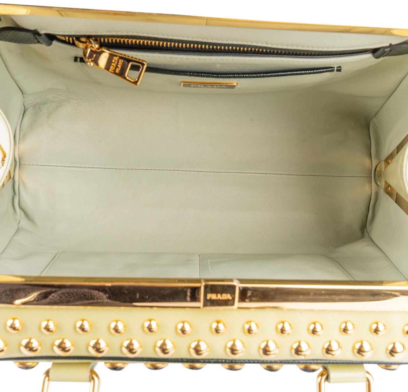 Prada Saffiano Vernic Leather Pyramid Frame Crystal Studded Promenade Handbag