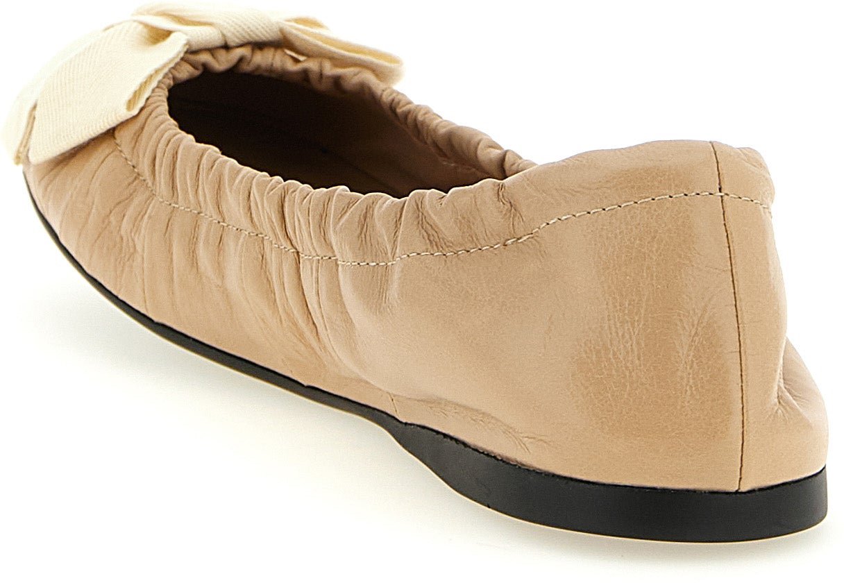 Beige Sabbia Leather Curled Bow Flats