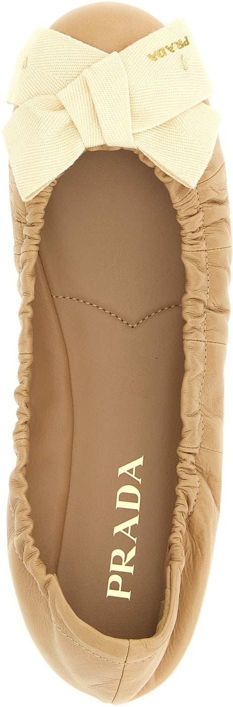 Beige Sabbia Leather Curled Bow Flats