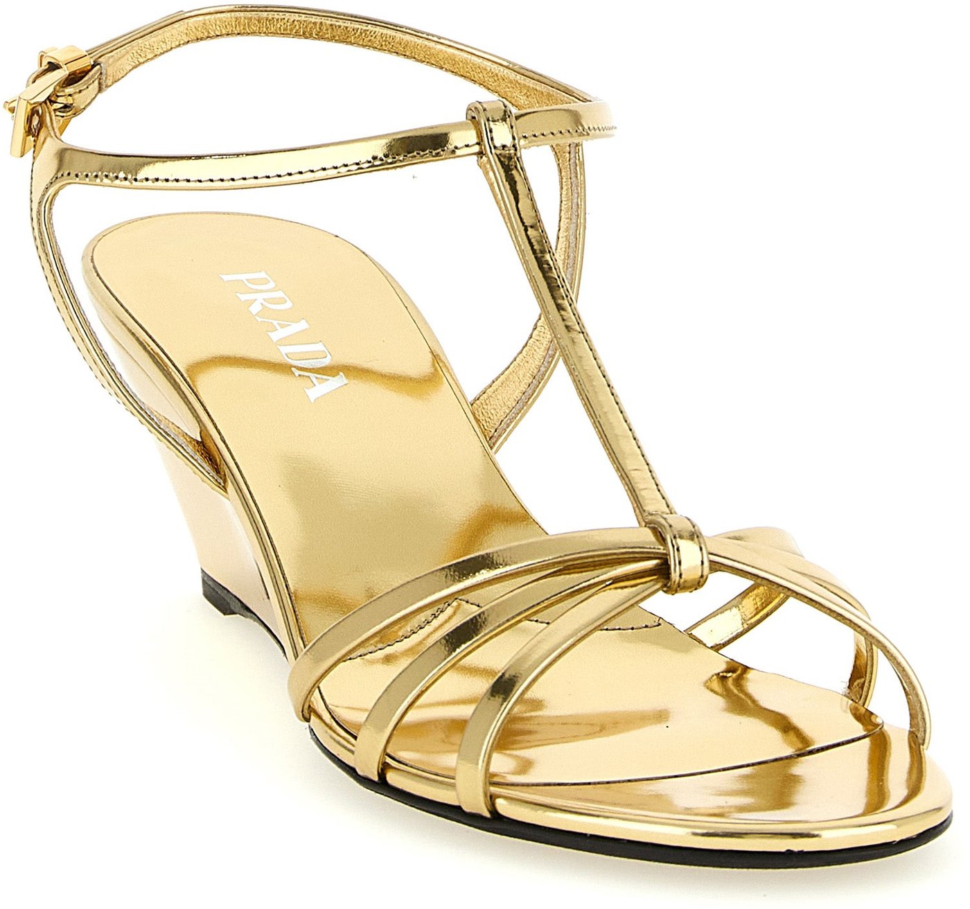 Prada Gold Calfskin Wedge Sandals