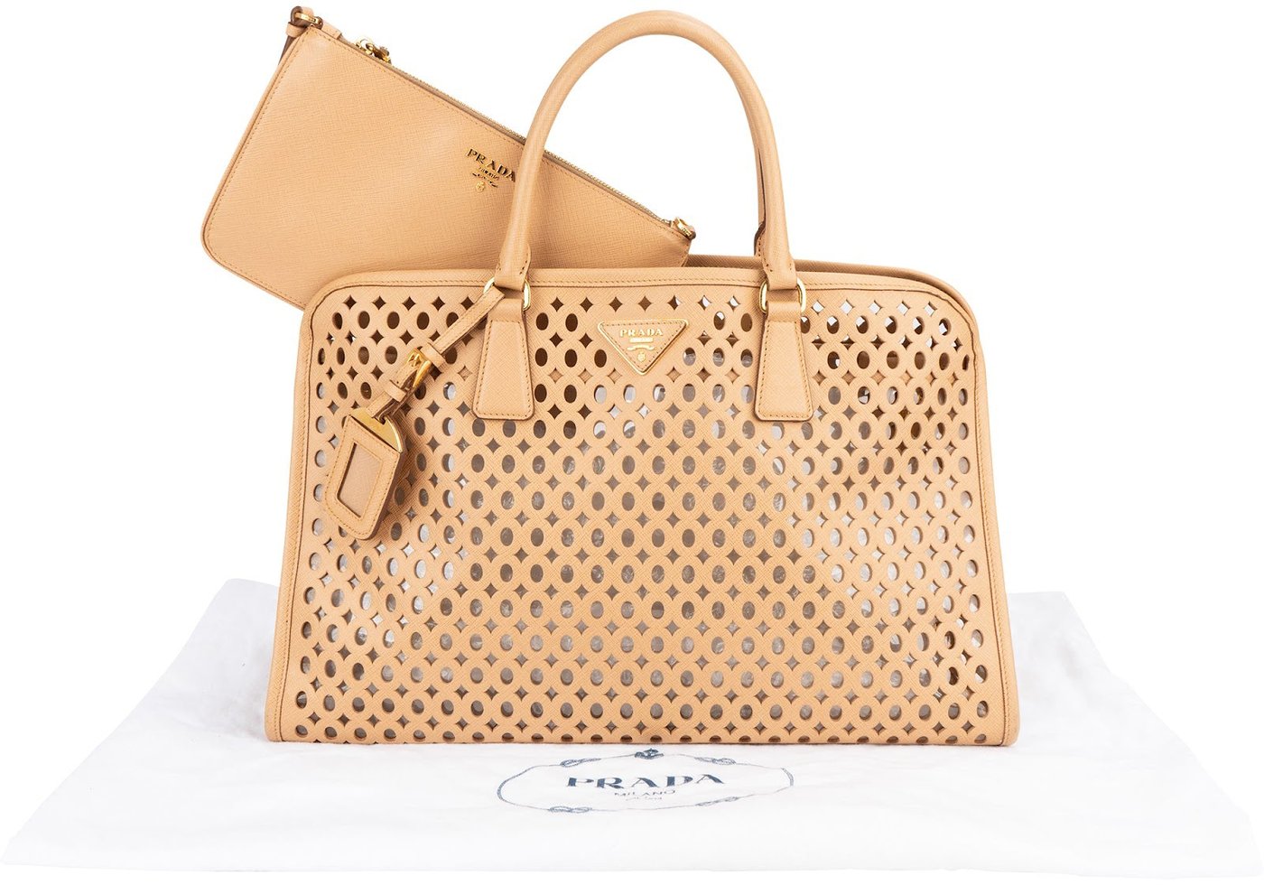 Prada Saffiano Leather Perforated Fori Tote Handbag