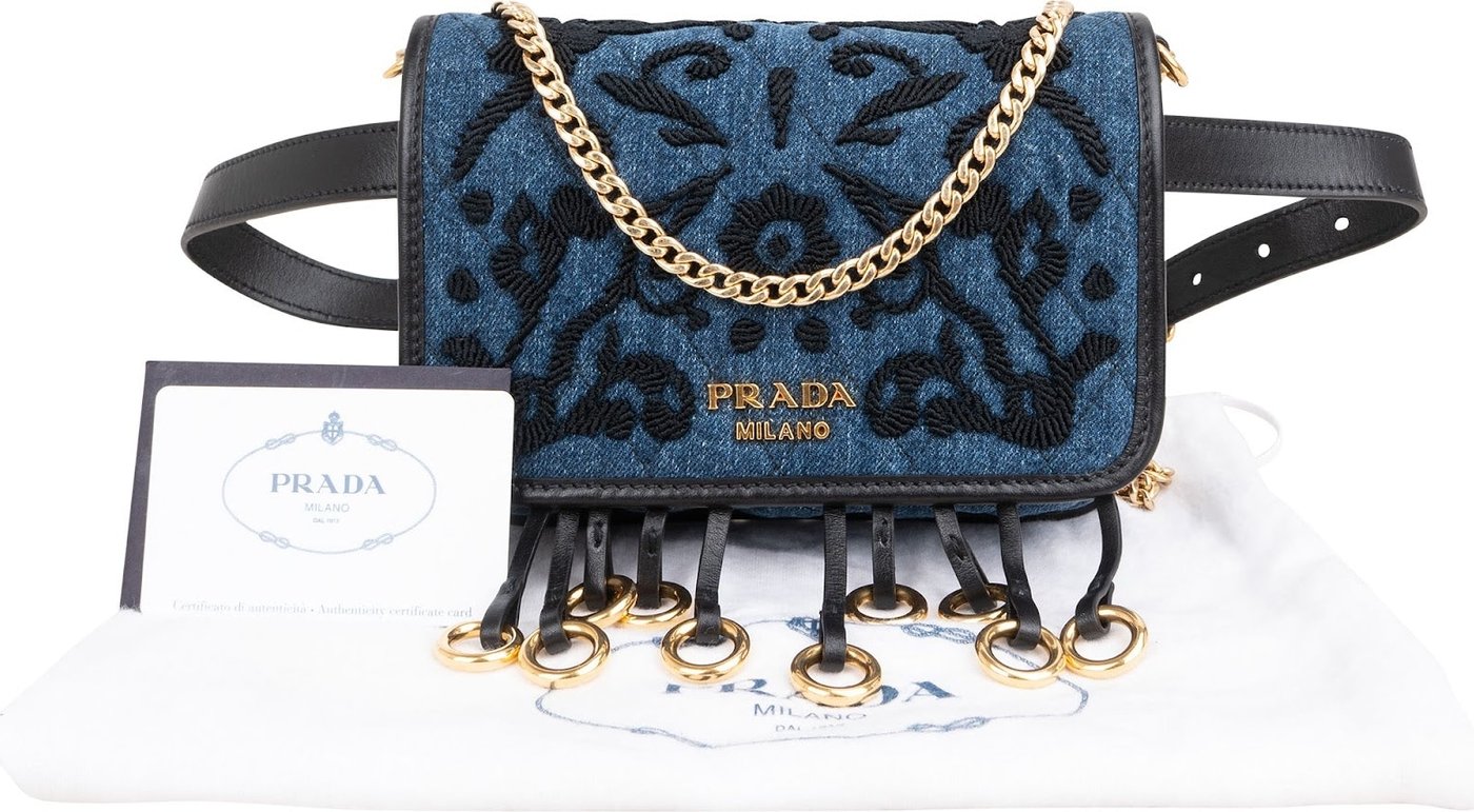 Prada Multicolor Embroidered Denim Cahier Belt Crossbody Bag