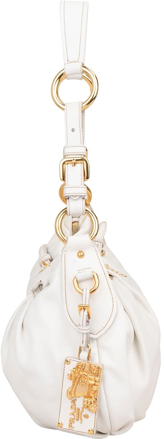 Prada White Soft Calf Leather Ruched Shoulder Bag