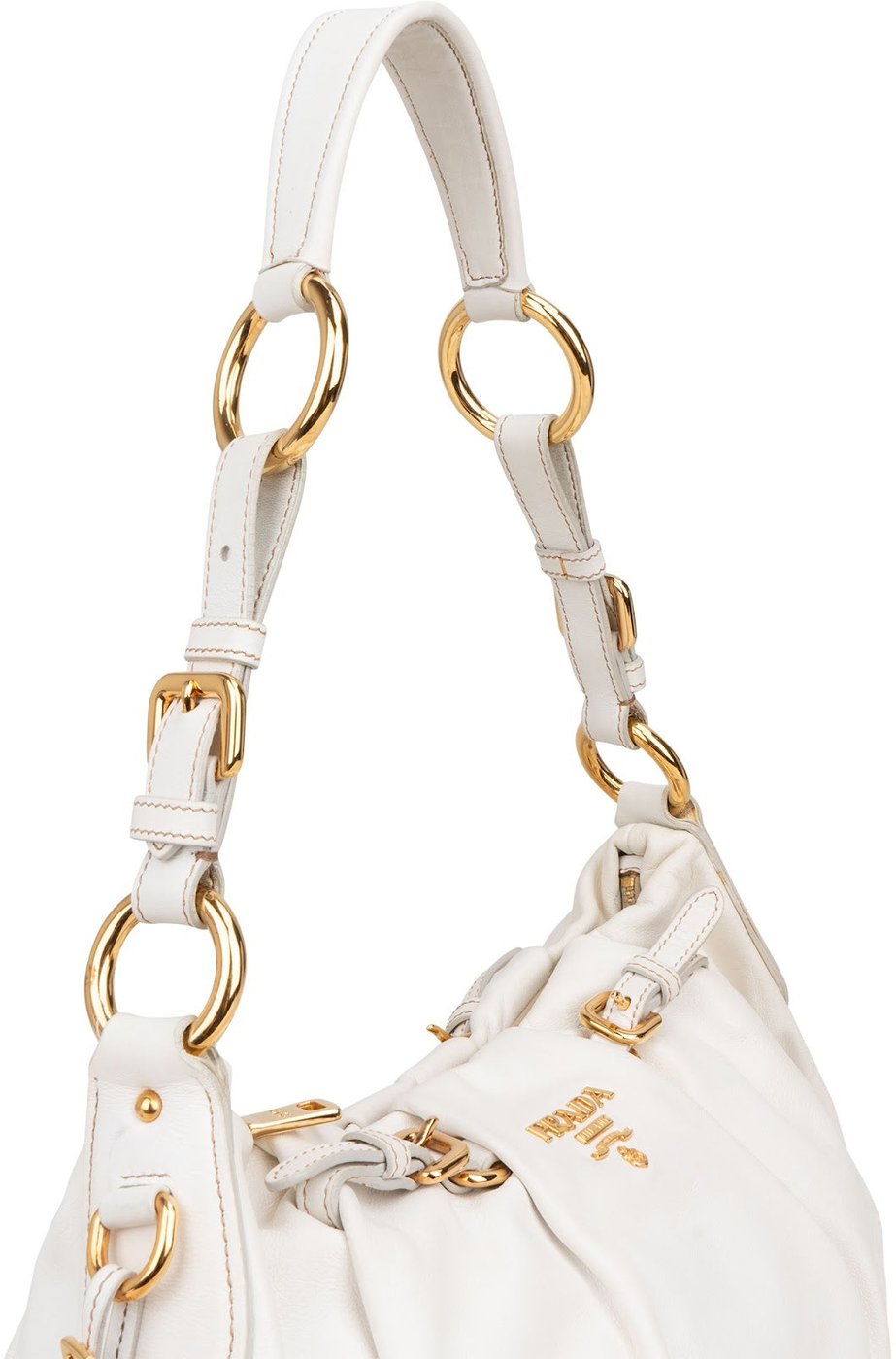 Prada White Soft Calf Leather Ruched Shoulder Bag