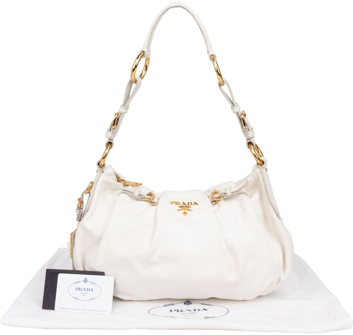 Prada White Soft Calf Leather Ruched Shoulder Bag