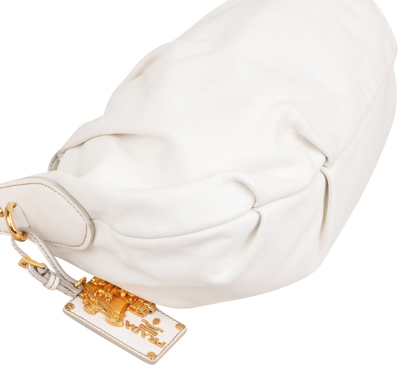 Prada White Soft Calf Leather Ruched Shoulder Bag