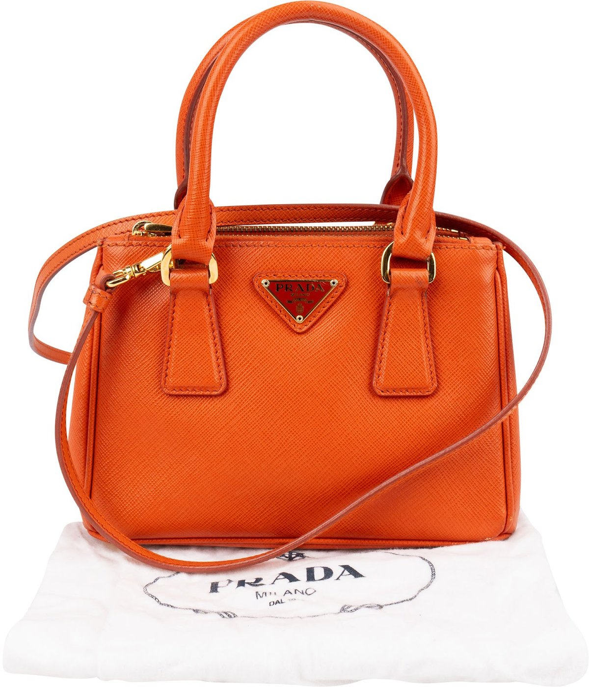 Prada Orange Saffiano Lux Leather Micro Galleria Crossbody Handbag