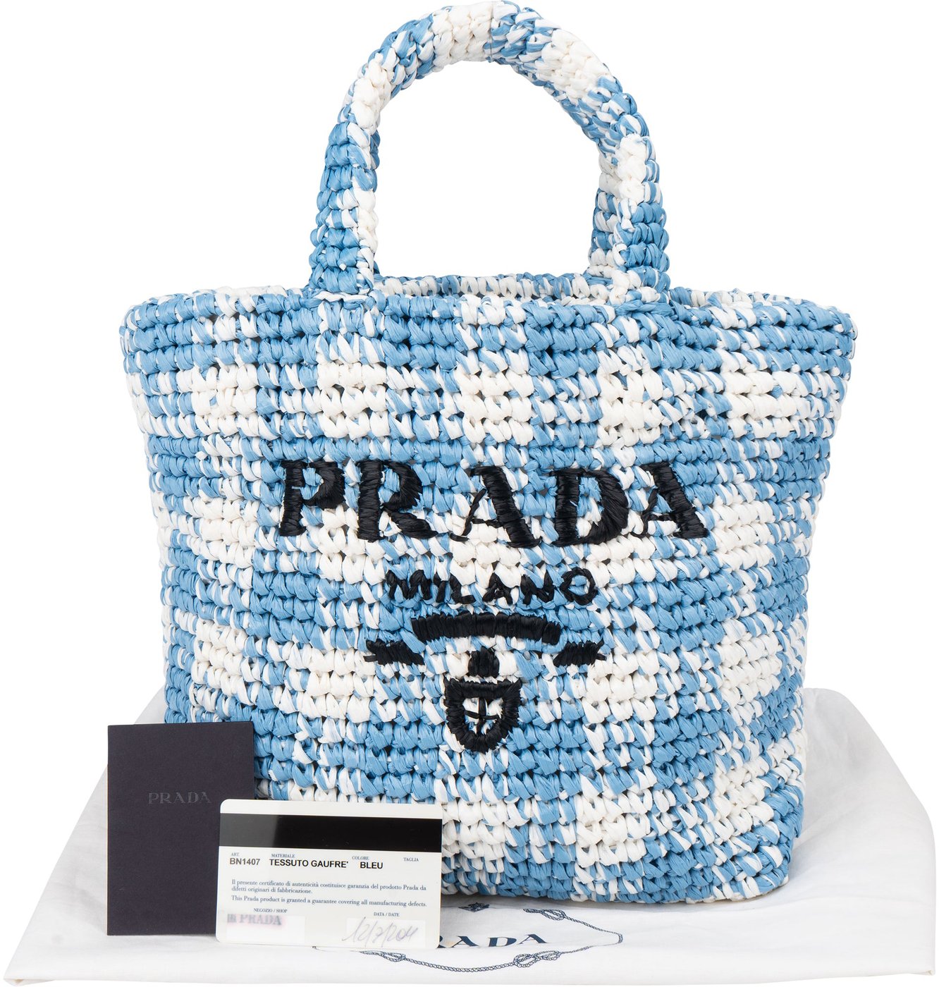 Prada Blue Gaufre Raffia Handbag