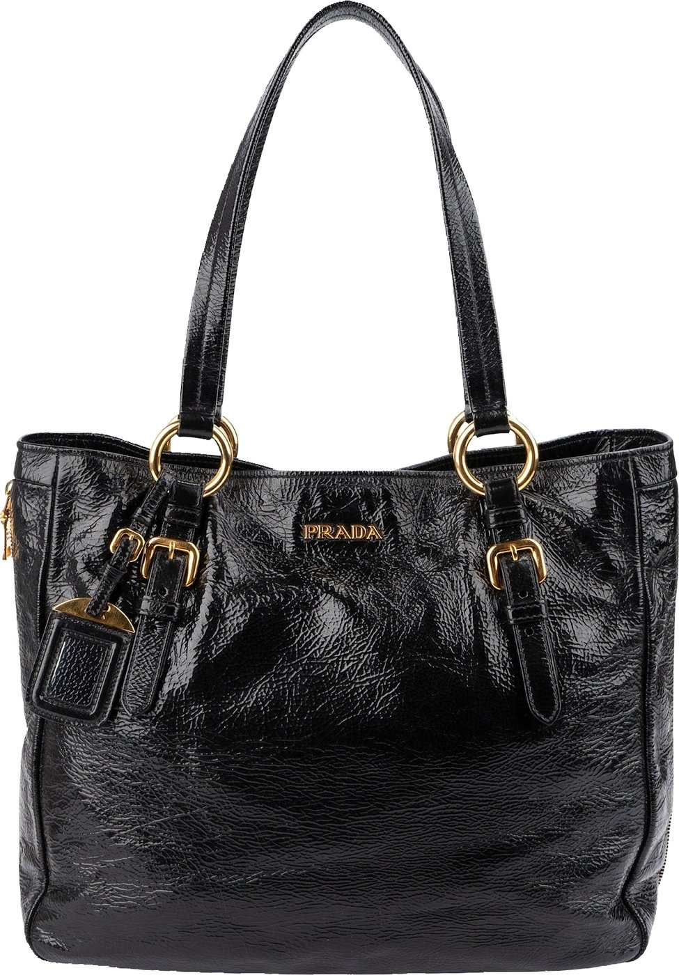 Prada Crinkled Vernice Naplak Leather Zip Around Tote Shoulder Bag