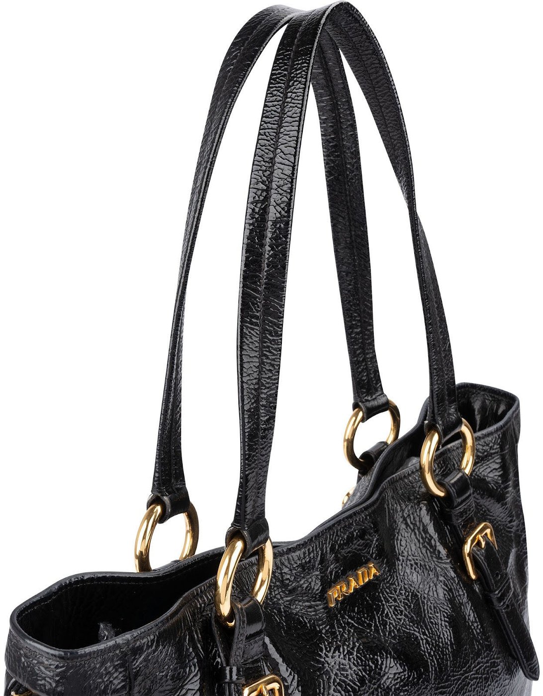 Prada Crinkled Vernice Naplak Leather Zip Around Tote Shoulder Bag