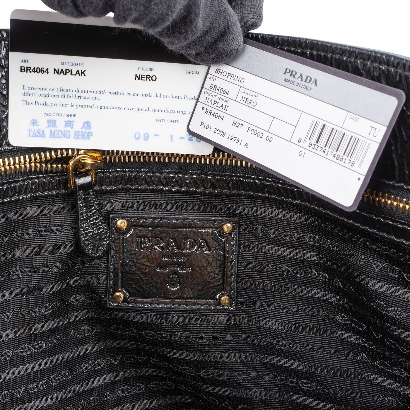 Prada Crinkled Vernice Naplak Leather Zip Around Tote Shoulder Bag