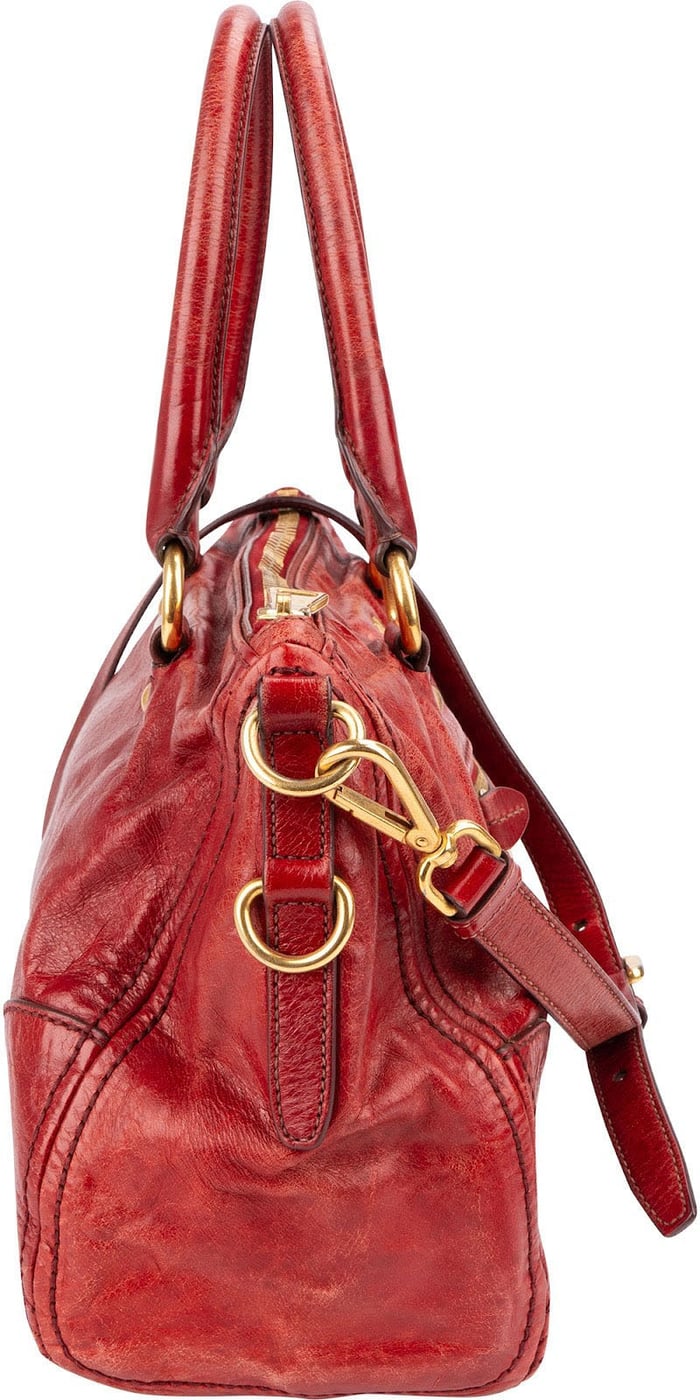 Prada Red Vitello Lux Leather Bauletto Handbag