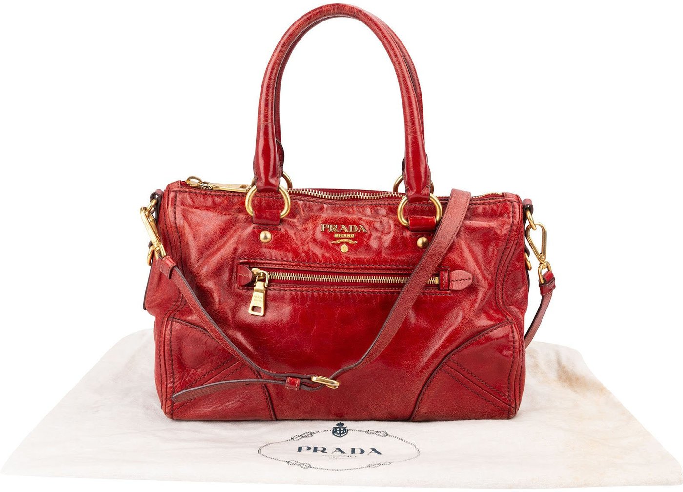 Prada Red Vitello Lux Leather Bauletto Handbag