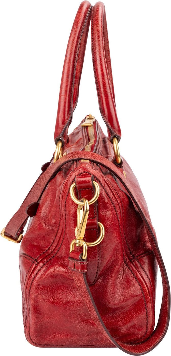 Prada Red Vitello Lux Leather Bauletto Handbag