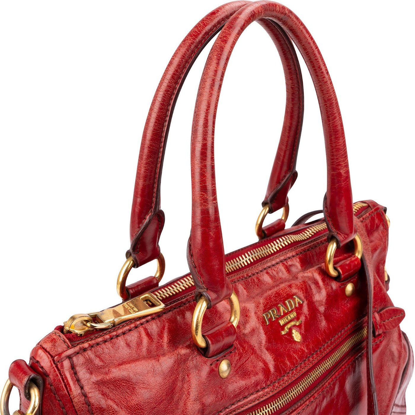 Prada Red Vitello Lux Leather Bauletto Handbag